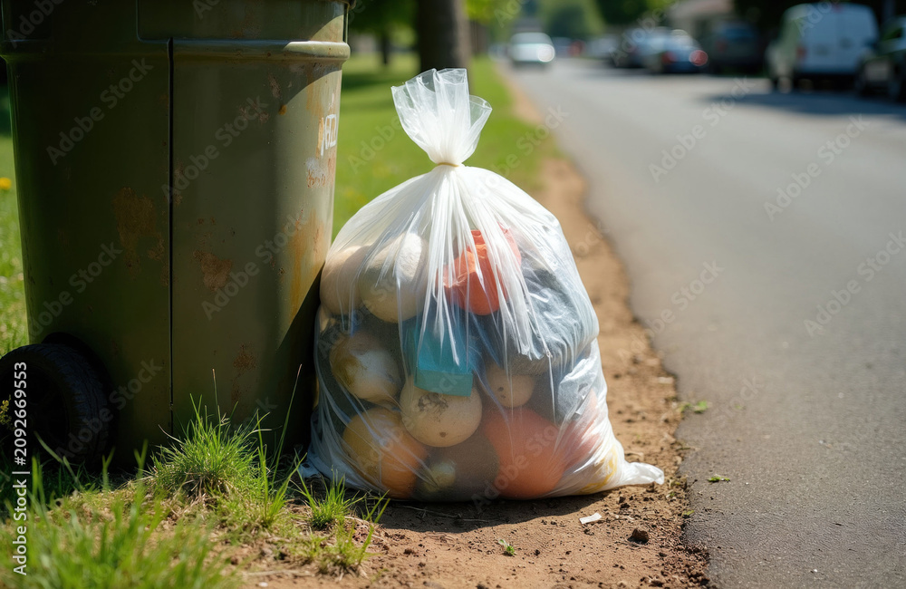 Naklejka premium Plastic rubbish bag full of garbage sits beside a green bin on a sidewalk. A street with cars is visible in the background, suggesting urban waste.