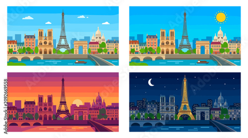 Foto Flat Paris Skyline Collection with Day, Sunny, Sunset and Night Cityscape Scenes