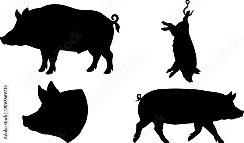 Tableau sur toile Pig and Wild Boar Silhouette Vector Set with Pork Meat Butcher Shop Hook Element