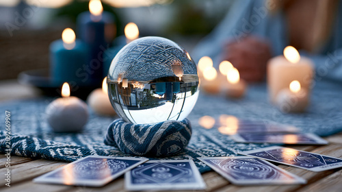 Mystical crystal ball and tarot cards illuminated by soft candlelight, spiritual fortune telling scene, with copy space