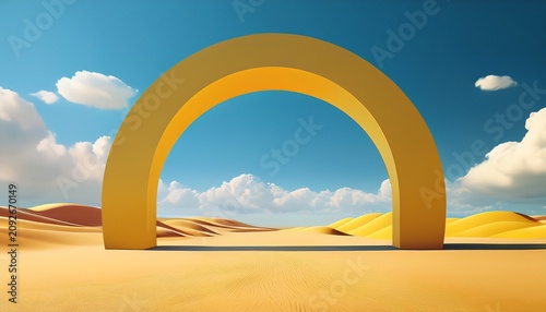 D Render Surreal Desert Landscape With Yellow Arch And White Clouds In The Blue Sky On Sunny Day Modern Minimal Abstract Background