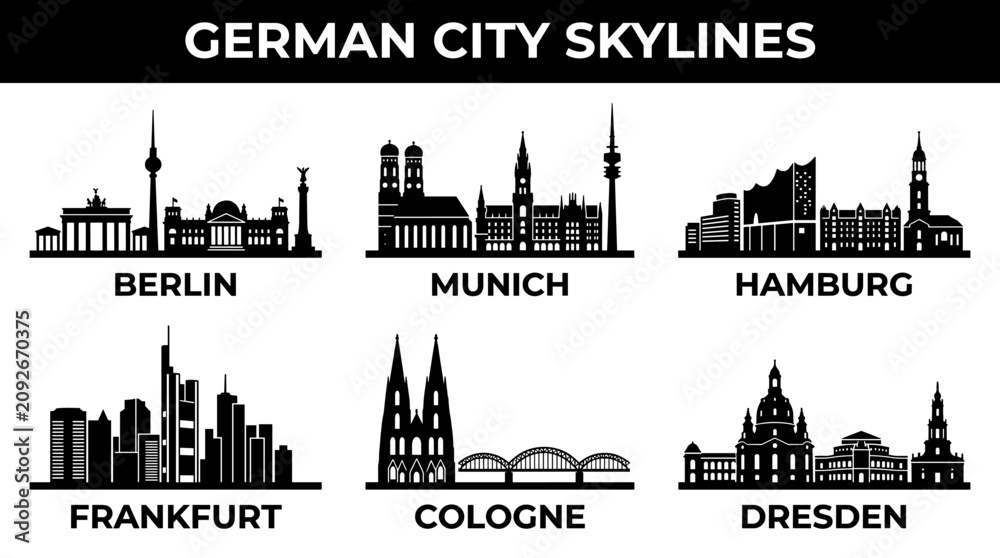 Obraz premium Minimal Black German City Skyline Landmark Silhouette Vector Illustration Set with Historic Architecture