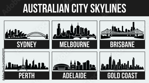Australian City Skylines Vector Icon Set in Minimal Black and White Flat Design