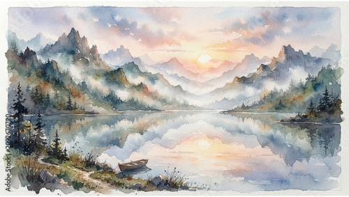 Breathtaking landscape of mountains reflecting in a calm serene lake at sunrise, peaceful nature scenery, travel photography, majestic peaks, wilderness, outdoor adventure, water, golden light.