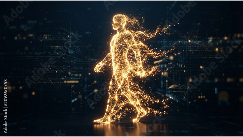 Glowing silhouette of a human walking made of golden particles and energy light trails, concept of movement, transformation, future, spirit, innovation, active energy, dynamic digital art.