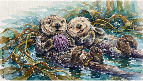 Two cute sea otters holding hands while floating in the water, heartwarming marine wildlife photography, animal love, ocean nature, detailed animal illustration, playful creatures, conservation.