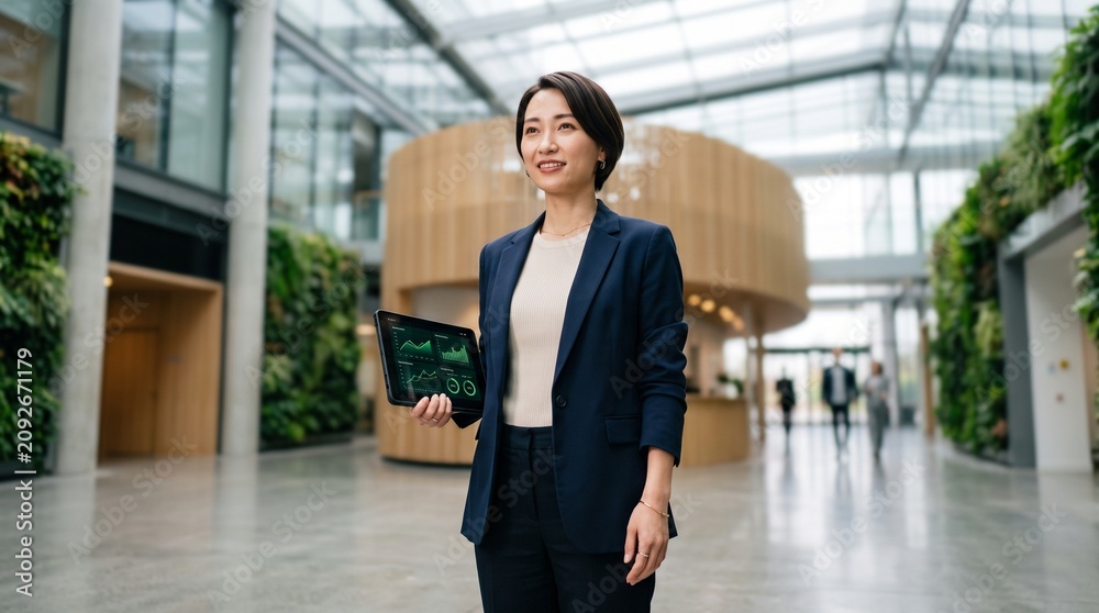Fototapeta premium Professional asian businesswoman in a sharp navy blue blazer holding a digital tablet device showing financial data charts while standing inside a modern corporate office building