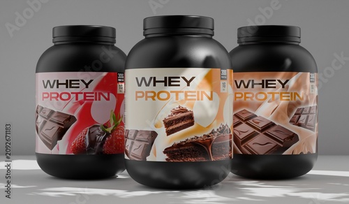 whey protein powder tubs in a row, on a grey background