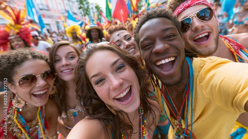 Fototapeta premium Group of Friends Take Selfie During Colorful Street Parade in Urban Setting With Vibrant Costumes and Joyful Atmosphere