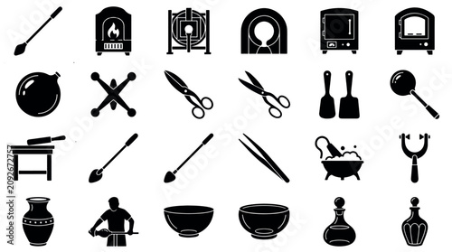 Konstfotografi Glassblowing Workshop Silhouette Collection with Furnace, Blowpipe, Shears, Glass Tools and Artisan Equipment Icons, glassblowing, glass, workshop, artisan, craft, furnace, kiln, blowpipe, shears