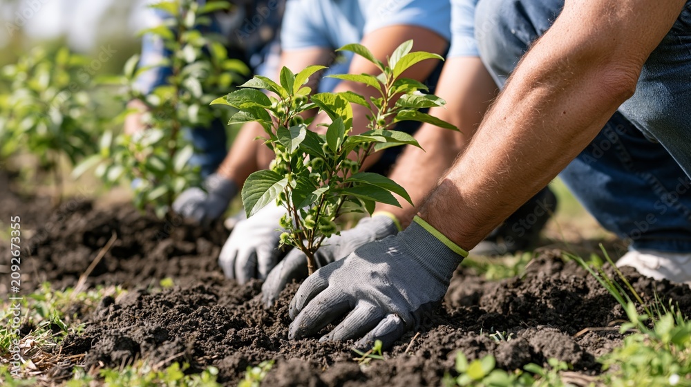Fototapeta premium Friends Work Together on a Team Project to Plant Young Trees in a Green Park for Environmental Conservation