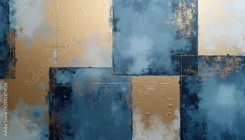 Panel kuchenny z motywem Abstract art with blue and gold texture. Geometric shapes and soft gradients create depth. Textured paint and brush strokes add visual interest. Modern design perfect for backgrounds.