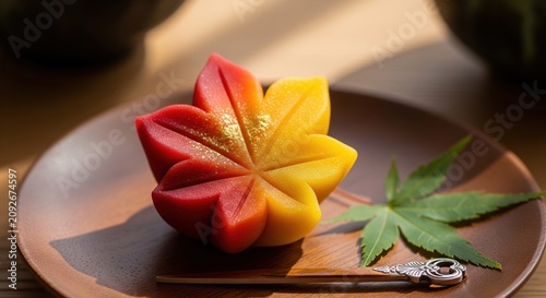 Beautiful Maple Leaf Wagashi Sweet With Gold Powder Dusting On A Dark Wooden Serving Plate