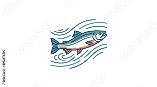 Photos Salmon fish swimming upstream in flowing water illustration.