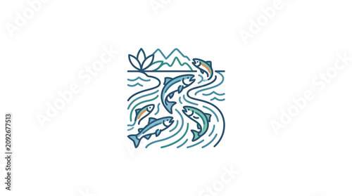 Tableau sur toile Salmon swimming upstream in a river with mountains in the background