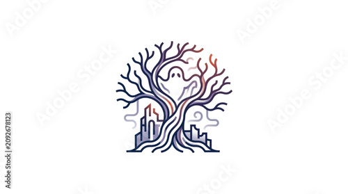 Tableau sur toile Spooky Ghost Tree with City Silhouette Illustration.