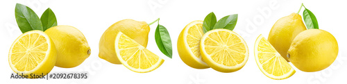 Photos Set of fresh whole and sliced lemons with green leaves, isolated on transparent