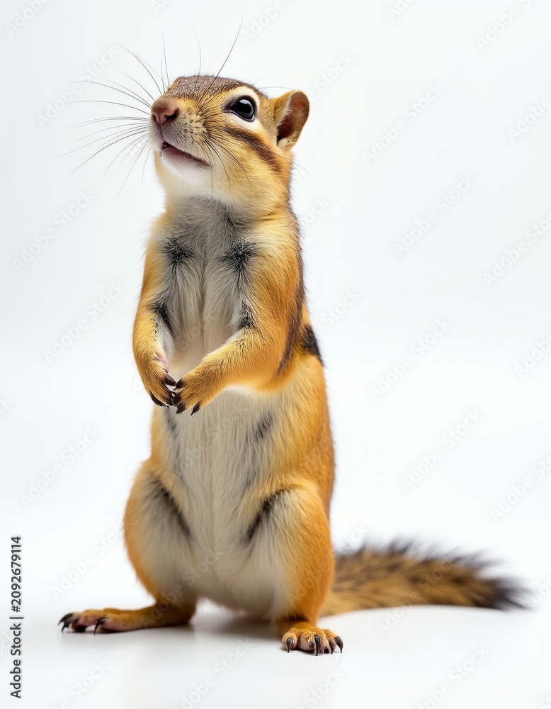 Fototapeta premium Cute ground squirrel stands upright on white background. Small wild animal with bushy tail looks up attentively. Rodent poses for studio portrait, ready for action.