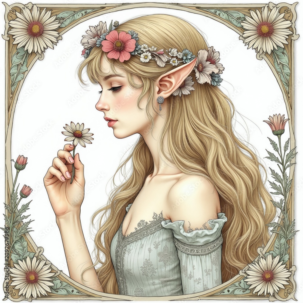 Obraz premium Mystical elf maiden with long blonde hair wears flower crown. Female holds daisy, smelling its scent. Delicate portrait with floral border, fantasy aesthetic art.