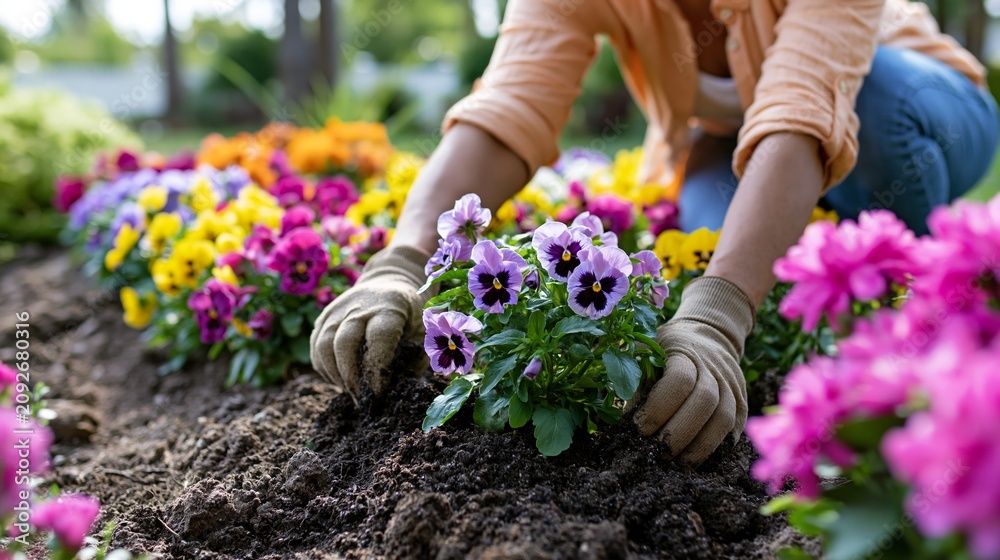 Fototapeta premium Woman Plants Colorful Flowers in Garden Bed During Sunny Spring Morning in Outdoor Setting With Vibrant Blooms Around Her