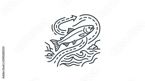 Foto Salmon swimming upstream in a stylized river with arrows indicating direction