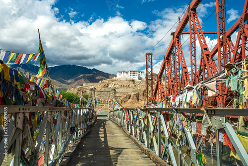 Konstfotografi Bridge with traditional Tibetan prayer flags in Ladakh India