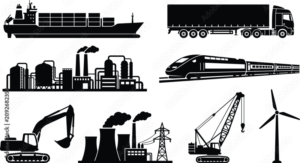 Obraz premium Industrial and transportation vector icons set featuring cargo ship semi truck train factory excavator power plant crane and wind turbine silhouettes