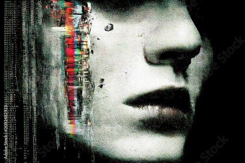 Human face outline with digital glitch effect