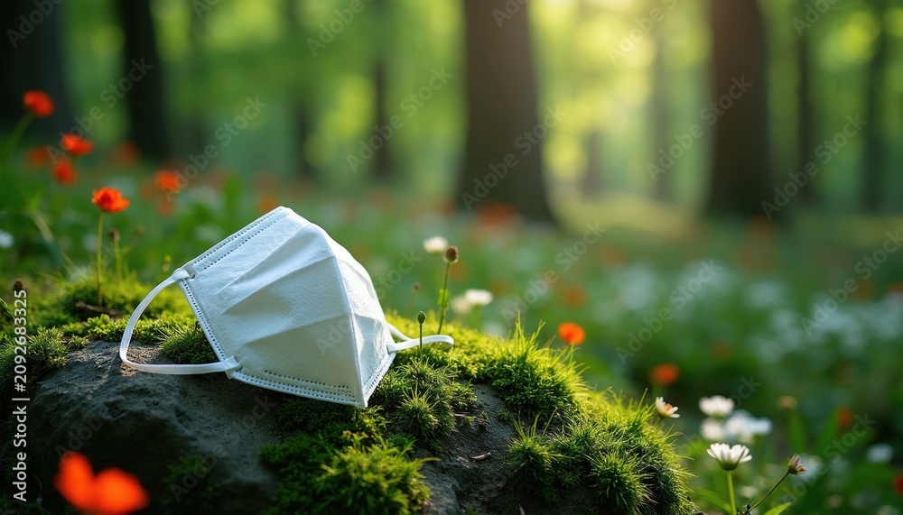 Fototapeta premium White face mask rests on mossy rock with red and white flowers. Rich green forest background with sunlit trees. Nature recovers after pandemic.