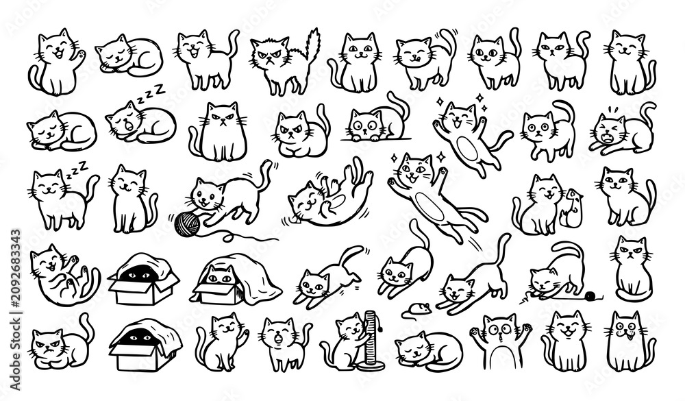 Obraz premium Cute doodle cats big collection hand drawn kitten poses and expressions line art vector set eps10