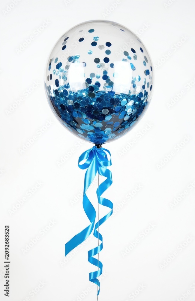 Fototapeta premium Transparent balloon with blue confetti floats in air. Bright blue ribbon tied on balloon strings curls down. Simple isolated object for party event decoration.