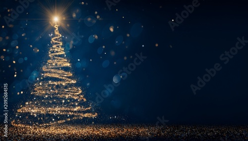 Abstract Christmas Tree Forming From Golden Particles On A Dark Blue Background With Bokeh And Copy Space