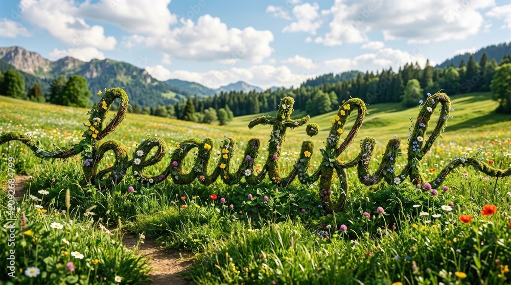 Fototapeta premium Beautiful Nature Landscape Featuring the Word Beautiful Created from Moss and Wildflowers