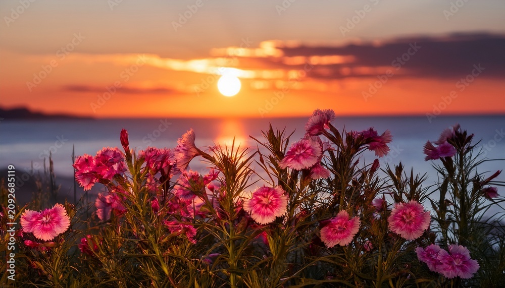 Fototapeta premium Dianthus Blooms Against A Picturesque Sunset Backdrop