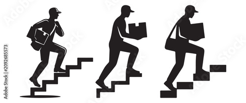 Set of silhouettes depicting a delivery person climbing stairs carrying packages with delivery
