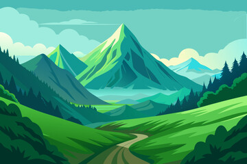 Leinwandbilder Grüne Koralle Majestic mountain landscape with a winding path through green hills and pine forests under a clear sky  © HASIBUL HASAN