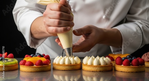 A professional pastry chef utilizes a piping bag to garnish several freshly baked fruit tarts with rich vanilla cream while preparing decadent desserts within a high end gourmet restaurant