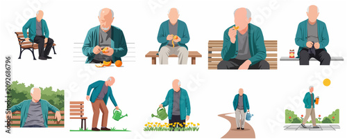 Quadro su tela Senior Man Daily Activities Set, Flat Vector Illustration of Elderly Male Charac