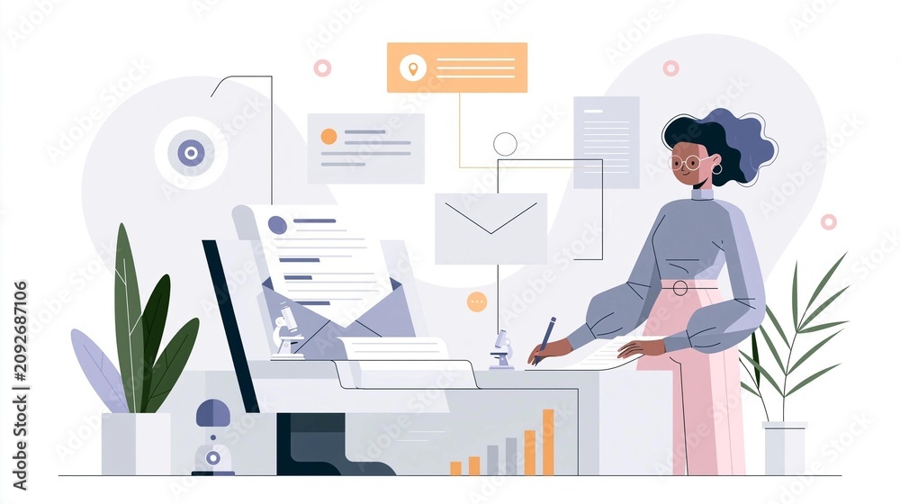 Fototapeta premium Woman sitting at a desk in front of a computer. she is wearing a gray blouse and a pink skirt and has curly hair. the desk is cluttered with papers, a lamp, and other office supplies.