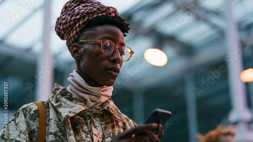 Young african-american woman wearing a camouflage jacket and a head wrap. she is holding a smartphone in her hands and appears to be looking at it intently.