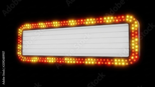 Retro marquee sign with glowing bulbs and blank white space for text, isolated on black