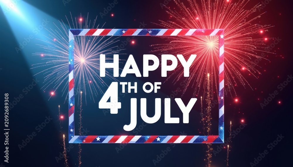 Fototapeta premium Explosion of red and blue fireworks in dark night sky. White text HAPPY 4TH OF JULY inside patriotic frame. Spotlight effect illuminates festive scene. Celebrate Independence Day.