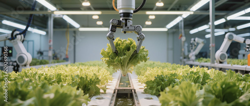 Robotic arm harvests fresh lettuce inside modern greenhouse using automation, artificial intelligence, and precision farming technology.
