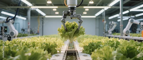 Fototapeta na wymiar Robotic arm harvests fresh lettuce inside modern greenhouse using automation, artificial intelligence, and precision farming technology.