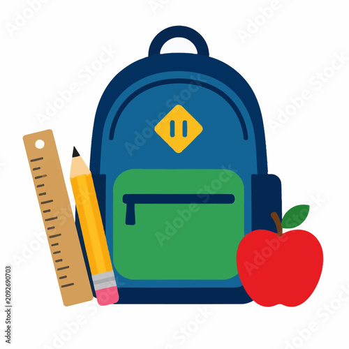 Backpack with School Supplies and Apple for Students.