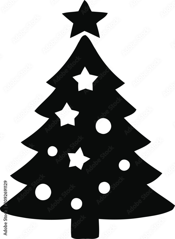 Obraz premium Black silhouette Christmas tree with white stars and balls isolated on transparent background
