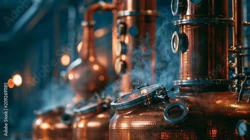 Copper Distillation Equipment Producing Steam in Vintage Industrial Setting