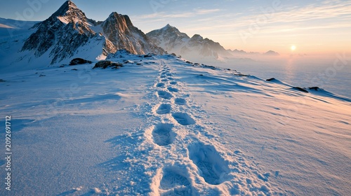 Footprints on snowy mountain trail with sunset and rugged peaks