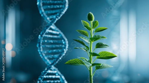 Green Plant Growing Next to DNA Structure in Laboratory Setting