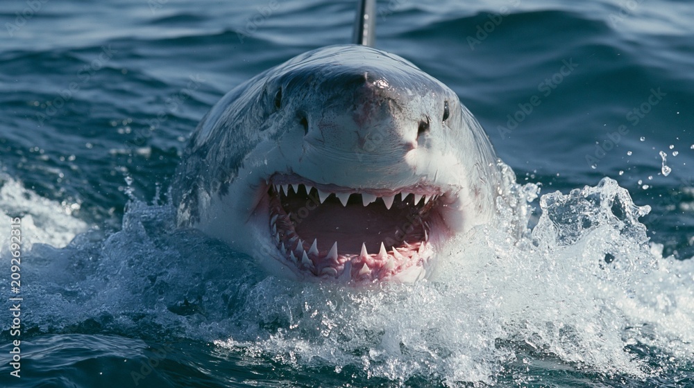 Obraz premium Powerful Great White Shark Emerging from Ocean Surface with Open Mouth